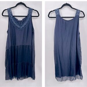 Y2k VINTAGE 100% SILK M blue sequin V neck sleeveless midi dress quiet luxury